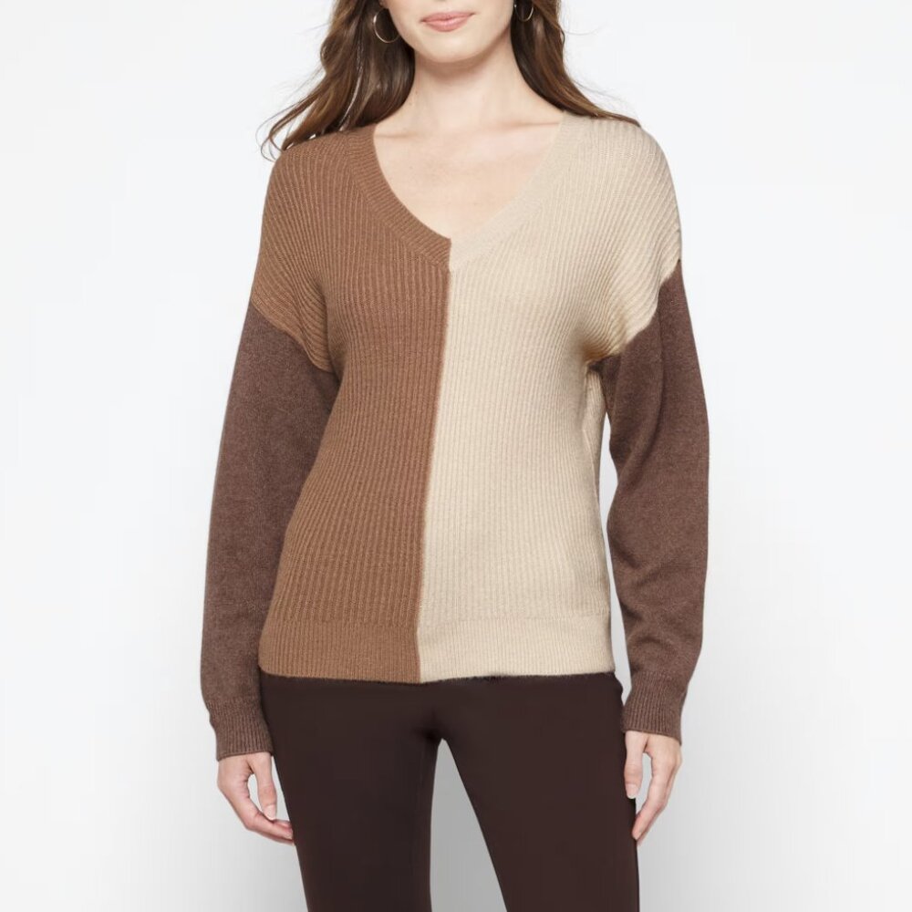 Fortune + Ivy L Brown Camel Deserae V-Neck Sweater